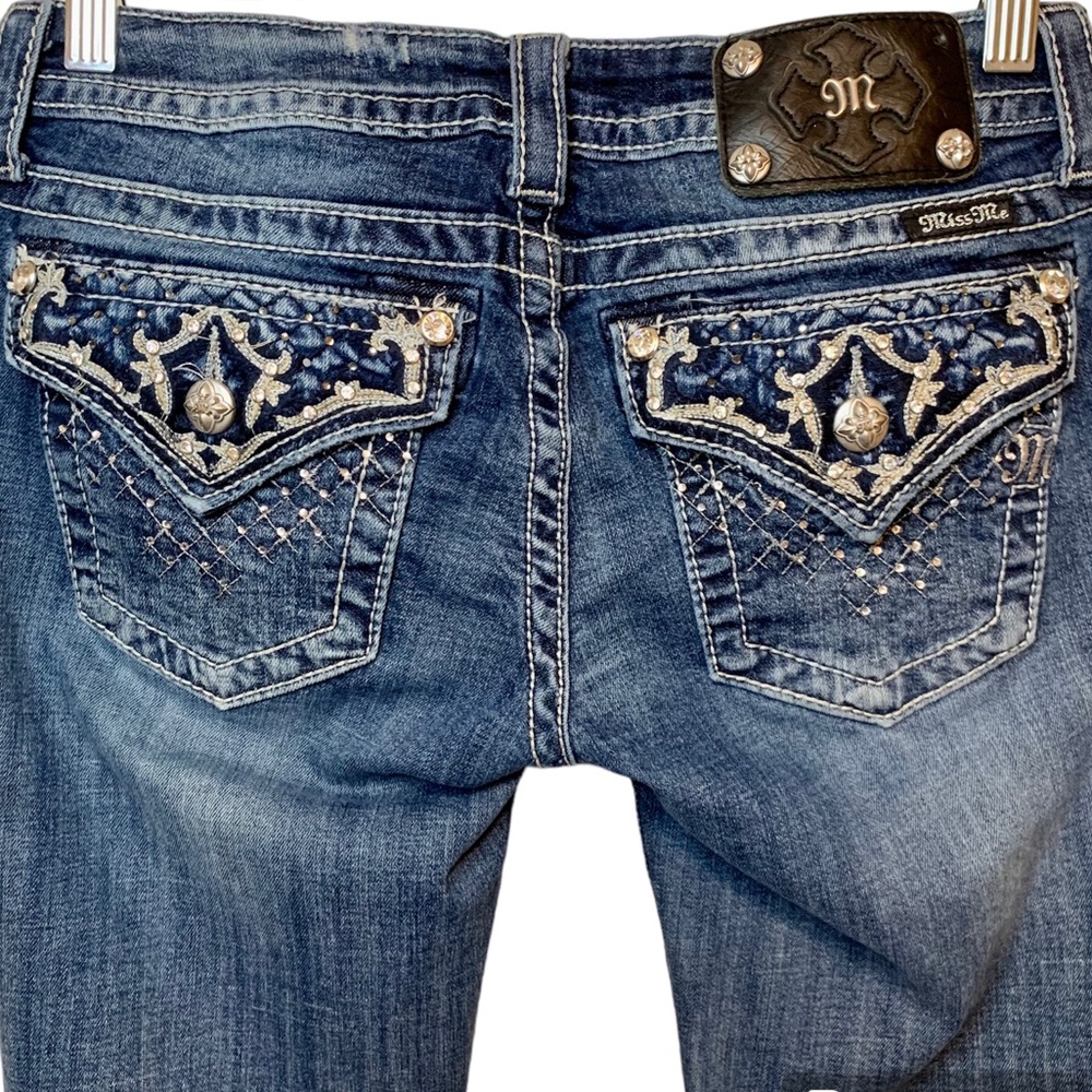 Miss Me Ankle Skinny Jeans Embellished Rhinestones Embroidered Distressed Sz 28